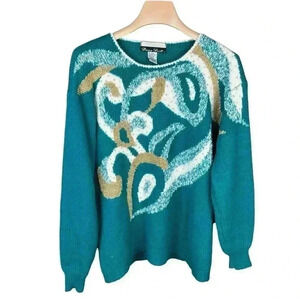 Vintage Dana Scott Teal & Gold Embellished Sweater Size Small 80s Sweater